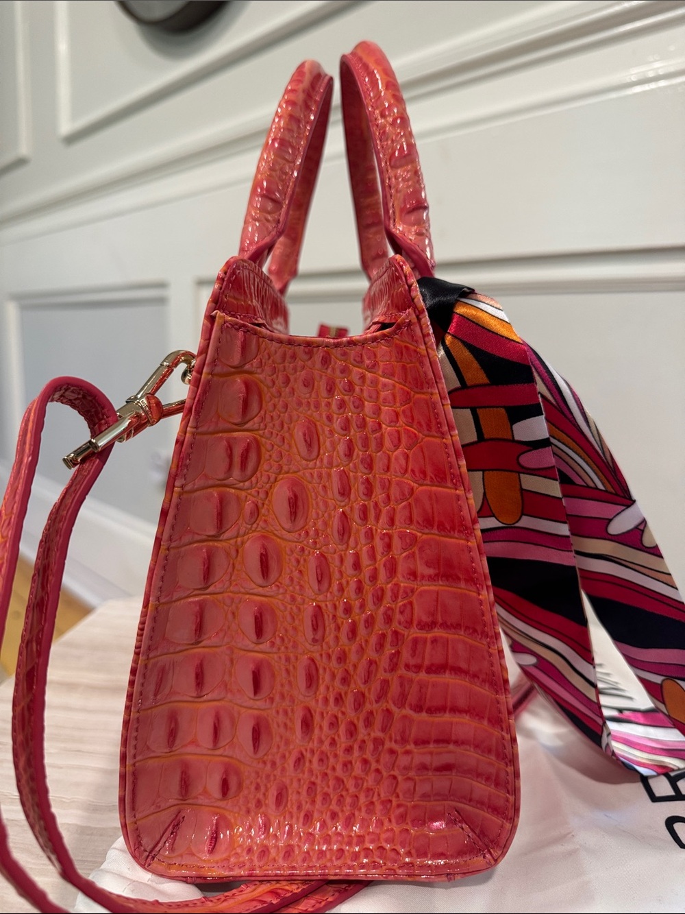 Brahmin Bag Cami Coral Snapdragon Melbourne Croc Leather Satchel Tote Crossbody - Picture 8 of 17